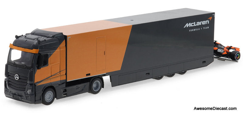 Mercedes Actros Gigaspace w/McLaren MCL38 #4 Lando Norris 1:43 Diecast Model Truck by Burago