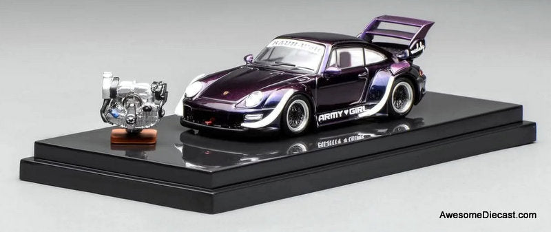 Porsche 993 RWB, Purple w/Engine "Army Girl" 1:64 Diecast Model Car by MotorHelix