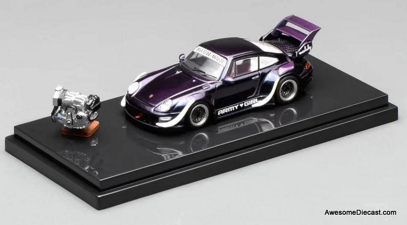 Porsche 993 RWB, Purple w/Engine "Army Girl" 1:64 Diecast Model Car by MotorHelix