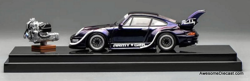 Porsche 993 RWB, Purple w/Engine "Army Girl" 1:64 Diecast Model Car by MotorHelix
