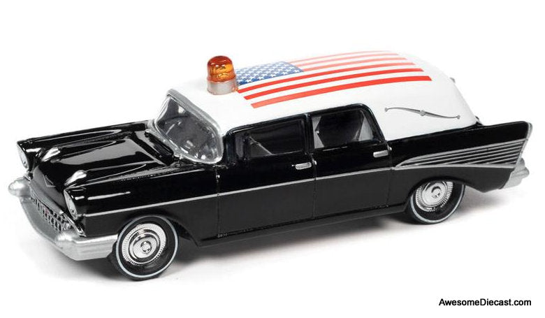 1957 Chevrolet Hearse, Black/White 1:64 Diecast Model Car by Johnny Lightning