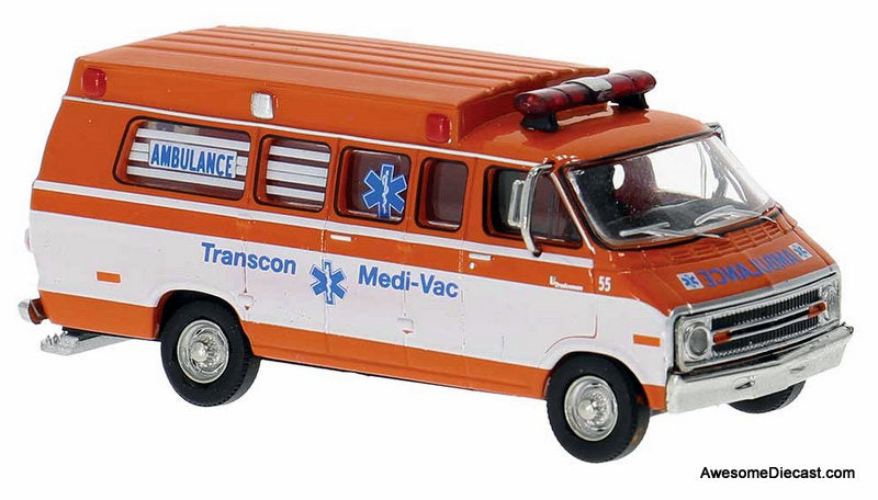 Dodge B-200 Ambulance: Transcon 1:87 ABS Plastic Model Ambulance by Brekina