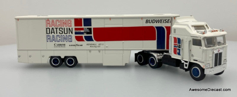 Brekina 1:87 Kenworth K100 Aerodyme Sleeper Tractor w/Car Carrier Trailer: Datsun Racing