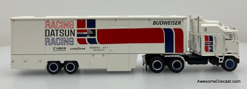 Brekina 1:87 Kenworth K100 Aerodyme Sleeper Tractor w/Car Carrier Trailer: Datsun Racing