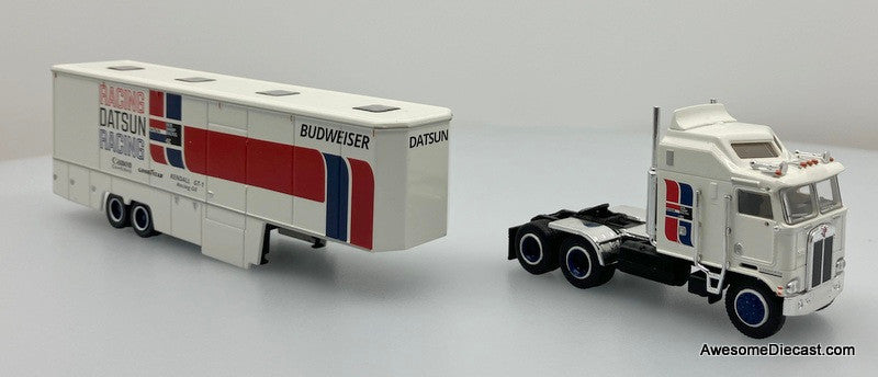 Brekina 1:87 Kenworth K100 Aerodyme Sleeper Tractor w/Car Carrier Trailer: Datsun Racing