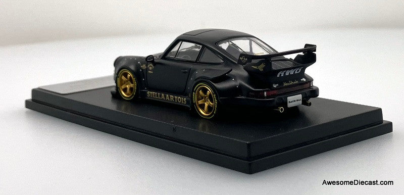 Porsche 930 RWB, Matte Black w/Figure: Stella Artois 1:64 Diecast Model Car by My Model Collect