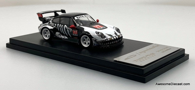 Porsche 993 RWB, #77, Black w/Figure: Skeleton Rexy 1:64 Diecast Model Car by My Model Collect