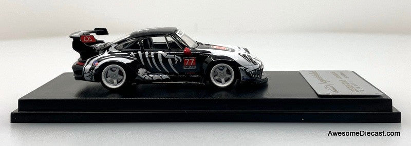 Porsche 993 RWB, #77, Black w/Figure: Skeleton Rexy 1:64 Diecast Model Car by My Model Collect