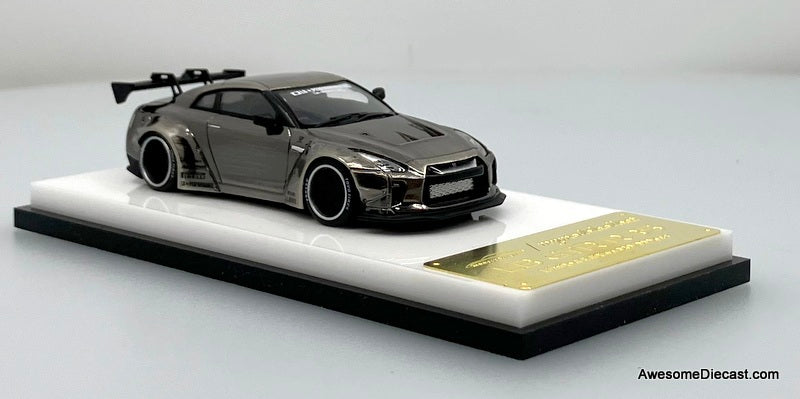 Nissan GT-R R35 Liberty Walk, Brushed Chrome Silver 1:64 Diecast Model Car by My Model Collect