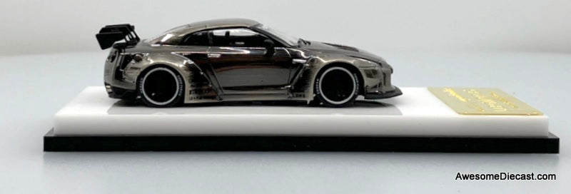 Nissan GT-R R35 Liberty Walk, Brushed Chrome Silver 1:64 Diecast Model Car by My Model Collect