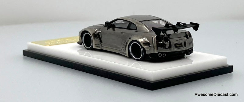 Nissan GT-R R35 Liberty Walk, Brushed Chrome Silver 1:64 Diecast Model Car by My Model Collect