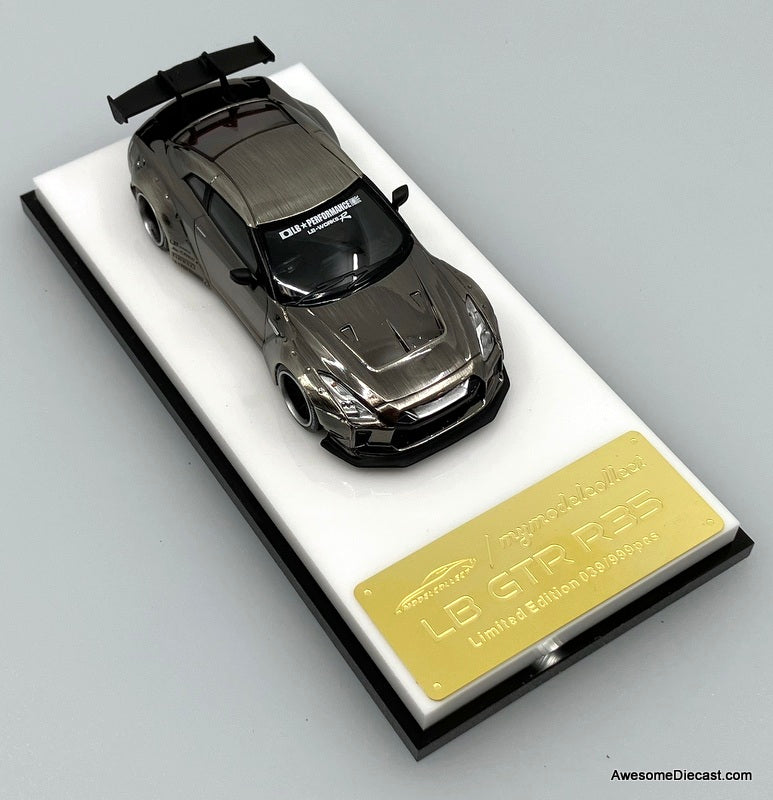 Nissan GT-R R35 Liberty Walk, Brushed Chrome Silver 1:64 Diecast