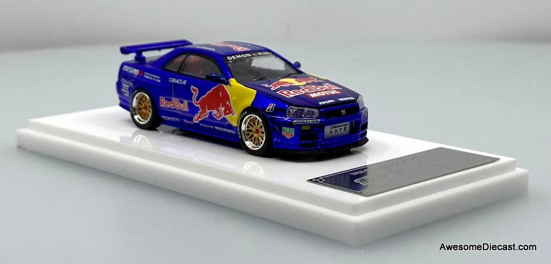 Nissan Skyline GT-R R34, Red Bull 1:64 Diecast Model Car by Demon King