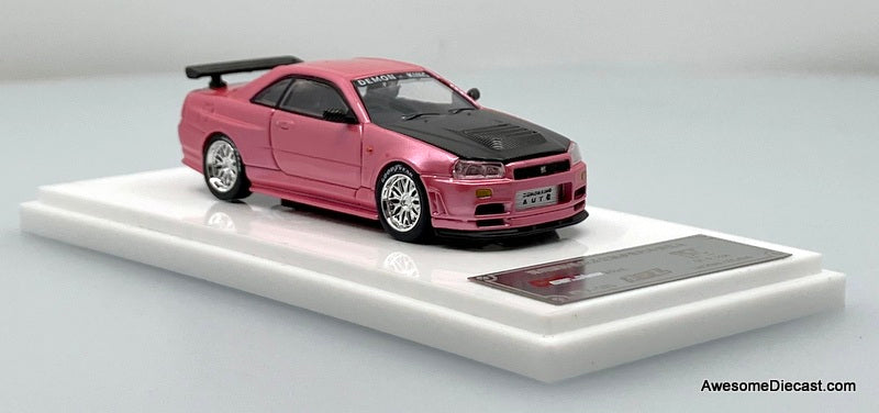 Nissan GT-R R34 Metallic Pink/Carbon Fiber 1:64 Diecast Model Car by Demon King