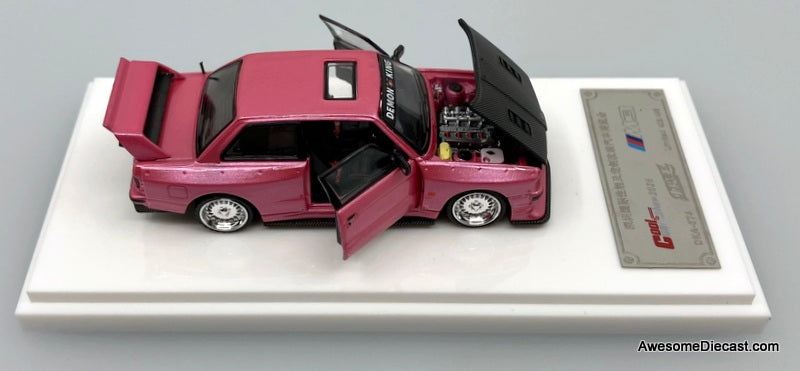 BMW E30 M3, Metallic Pink/Carbon Fiber 1:64 Diecast Model Car by Demon King