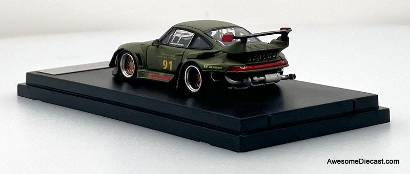 Porsche 993 RWB (Open Rear), Matte green 1:64 Diecast Model Car by Street Warrior