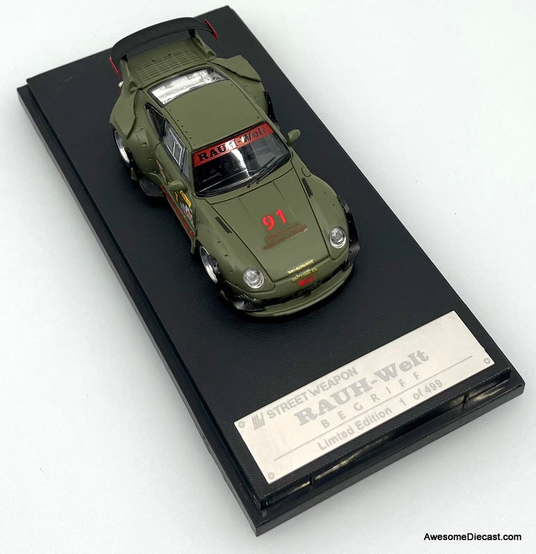Porsche 993 RWB (Open Rear), Matte green 1:64 Diecast Model Car by Street Warrior