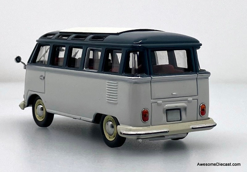 1961 Volkswagen Samba Bus, Blue/White 1:43 Diecast Model Car by Minichamps
