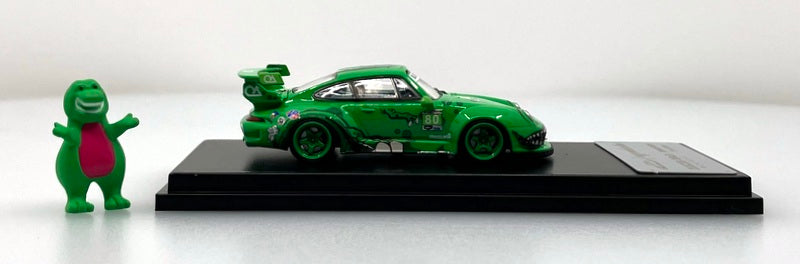 Porsche 993 RWB, Green "Rexi" w/Dinosaur Figure 1:64 Diecast Model Car by My Model Collect