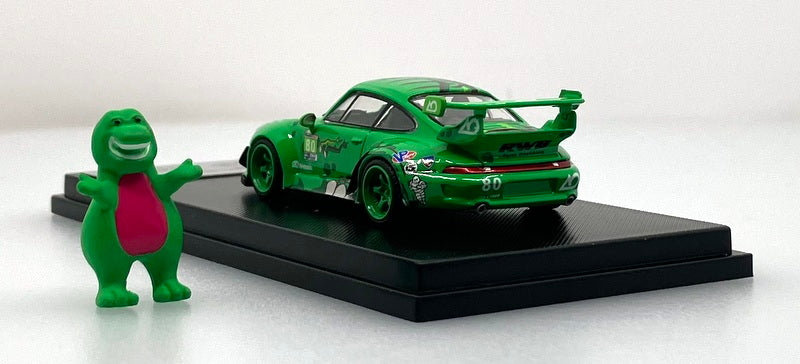 Porsche 993 RWB, Green "Rexi" w/Dinosaur Figure 1:64 Diecast Model Car by My Model Collect