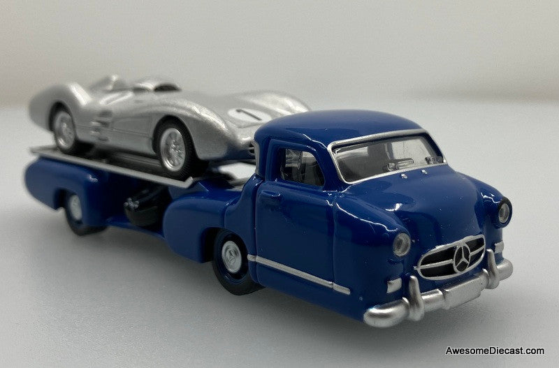 1955 Mercedes-Benz Race Car Transporter "Blue Wonder" w/Mercedes 300 SLR 1:64 Diecast Model Vehicle by Norev