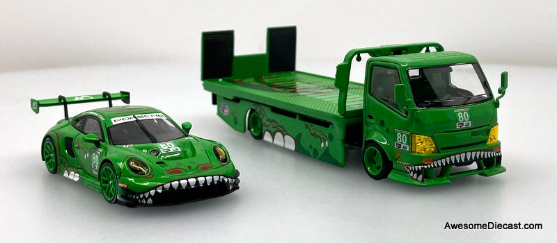 Hino H300 Flatbed w/Porsche 911 GT3, Green Tyrannosaures "Rexy" 1:64 Diecast Model Vehicles by Top Lux/Star Race