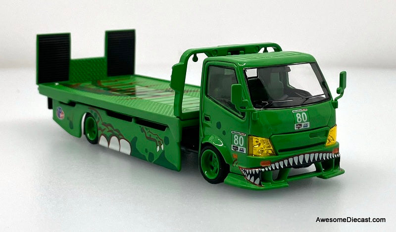 Hino H300 Flatbed w/Porsche 911 GT3, Green Tyrannosaures "Rexy" 1:64 Diecast Model Vehicles by Top Lux/Star Race