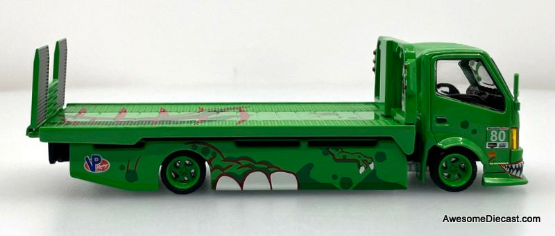 Hino H300 Flatbed w/Porsche 911 GT3, Green Tyrannosaures "Rexy" 1:64 Diecast Model Vehicles by Top Lux/Star Race