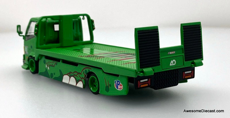 Hino H300 Flatbed w/Porsche 911 GT3, Green Tyrannosaures "Rexy" 1:64 Diecast Model Vehicles by Top Lux/Star Race