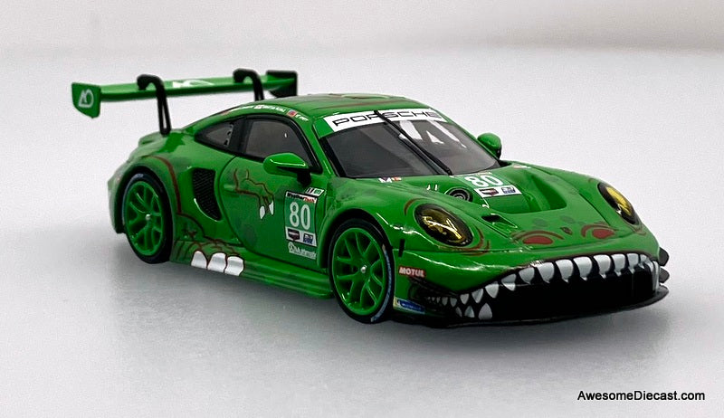 Hino H300 Flatbed w/Porsche 911 GT3, Green Tyrannosaures "Rexy" 1:64 Diecast Model Vehicles by Top Lux/Star Race