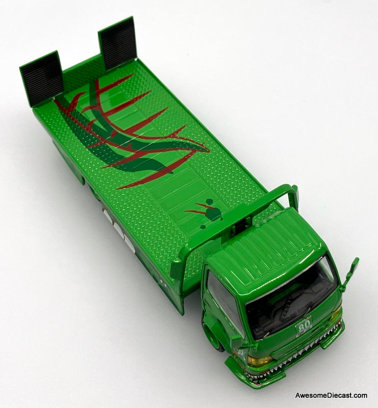Hino H300 Flatbed w/Porsche 911 GT3, Green Tyrannosaures "Rexy" 1:64 Diecast Model Vehicles by Top Lux/Star Race