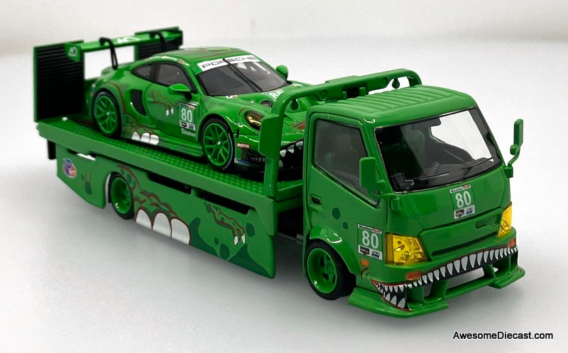 Hino H300 Flatbed w/Porsche 911 GT3, Green Tyrannosaures "Rexy" 1:64 Diecast Model Vehicles by Top Lux/Star Race