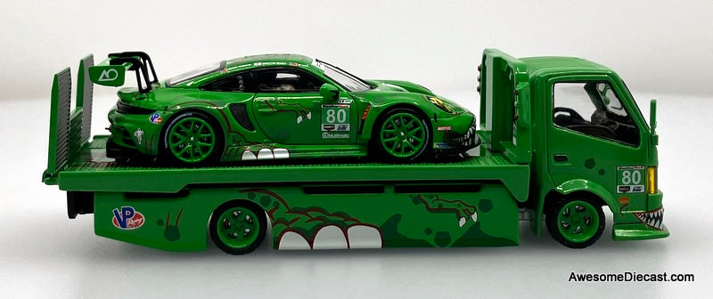 Hino H300 Flatbed w/Porsche 911 GT3, Green Tyrannosaures "Rexy" 1:64 Diecast Model Vehicles by Top Lux/Star Race