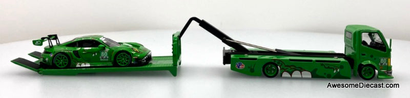 Hino H300 Flatbed w/Porsche 911 GT3, Green Tyrannosaures "Rexy" 1:64 Diecast Model Vehicles by Top Lux/Star Race
