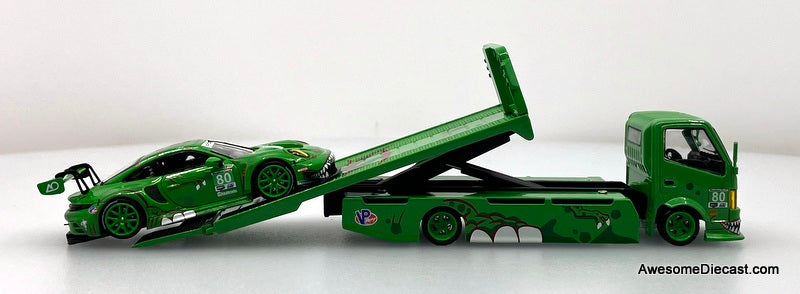 Hino H300 Flatbed w/Porsche 911 GT3, Green Tyrannosaures "Rexy" 1:64 Diecast Model Vehicles by Top Lux/Star Race