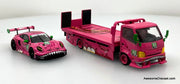 Hino H300 Flatbed w/Porsche 911 GT3, Pink Tyrannosaures "Roxy" 1:64 Diecast Model Vehicles by Top Lux/Star Race