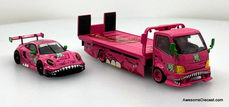 Hino H300 Flatbed w/Porsche 911 GT3, Pink Tyrannosaures "Roxy" 1:64 Diecast Model Vehicles by Top Lux/Star Race