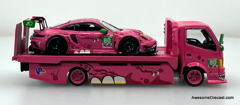Hino H300 Flatbed w/Porsche 911 GT3, Pink Tyrannosaures "Roxy" 1:64 Diecast Model Vehicles by Top Lux/Star Race