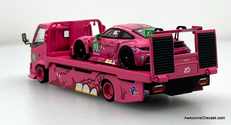 Hino H300 Flatbed w/Porsche 911 GT3, Pink Tyrannosaures "Roxy" 1:64 Diecast Model Vehicles by Top Lux/Star Race