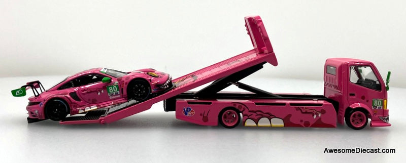 Hino H300 Flatbed w/Porsche 911 GT3, Pink Tyrannosaures "Roxy" 1:64 Diecast Model Vehicles by Top Lux/Star Race