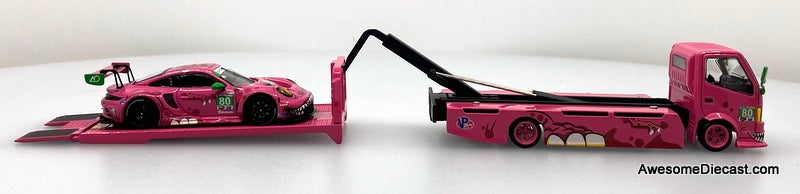 Hino H300 Flatbed w/Porsche 911 GT3, Pink Tyrannosaures "Roxy" 1:64 Diecast Model Vehicles by Top Lux/Star Race
