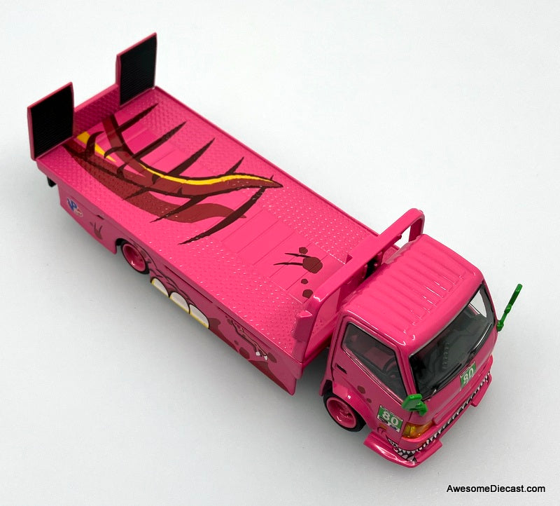 Hino H300 Flatbed w/Porsche 911 GT3, Pink Tyrannosaures "Roxy" 1:64 Diecast Model Vehicles by Top Lux/Star Race