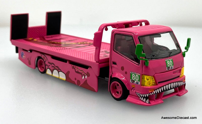 Hino H300 Flatbed w/Porsche 911 GT3, Pink Tyrannosaures "Roxy" 1:64 Diecast Model Vehicles by Top Lux/Star Race