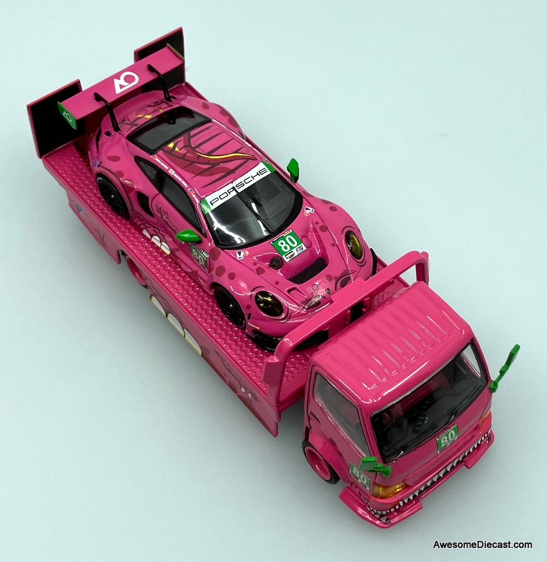 Hino H300 Flatbed w/Porsche 911 GT3, Pink Tyrannosaures "Roxy" 1:64 Diecast Model Vehicles by Top Lux/Star Race