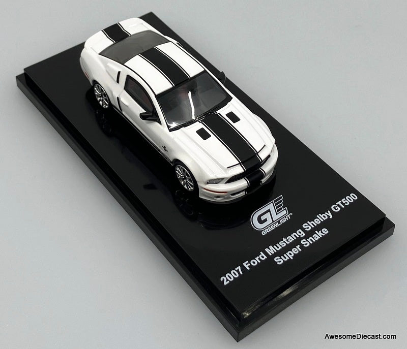 2007 Ford Mustang Shelby GT500 Super Snake, Performance White/Black Stripe 1:64 Diecast Model Car by MotorHelix/Greenlight