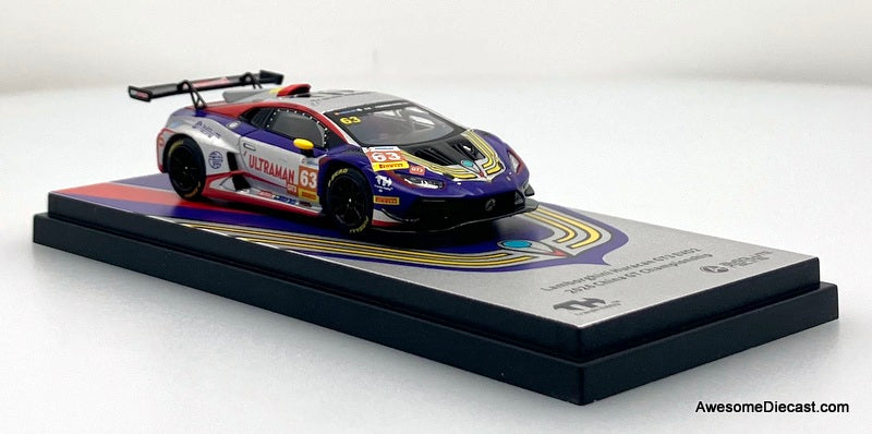 Lamborghini Huracan GT3 EV02 #63 Ultraman Tiga Livery 2026 China GT 1:64 Diecast Model Car by Trends Hobby