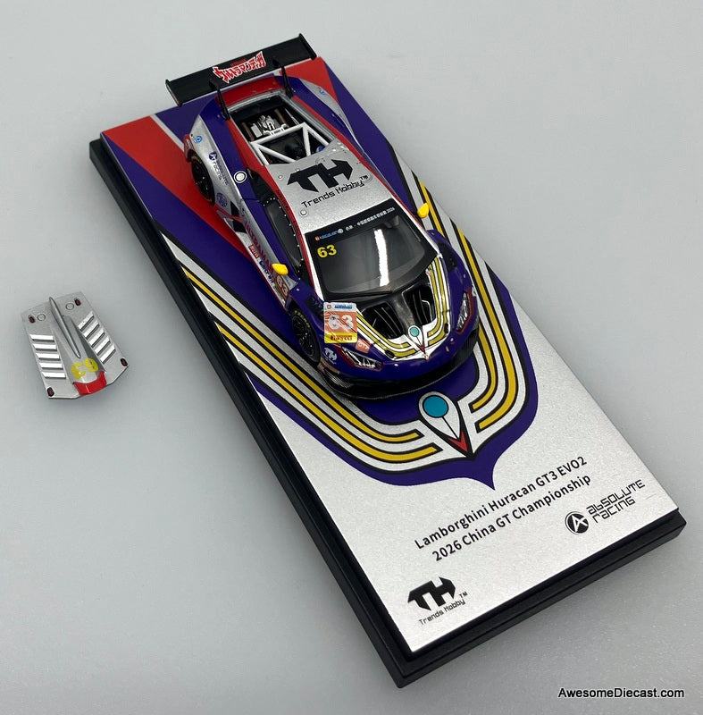 Lamborghini Huracan GT3 EV02 #63 Ultraman Tiga Livery 2026 China GT 1:64 Diecast Model Car by Trends Hobby