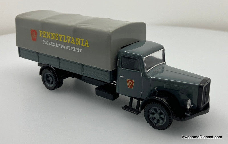 White Delivery Truck w/Canvas Back: Pennsylvania Rail Road Company (P.R.R.), Gray 1:50 Diecast Model Truck by Corgi
