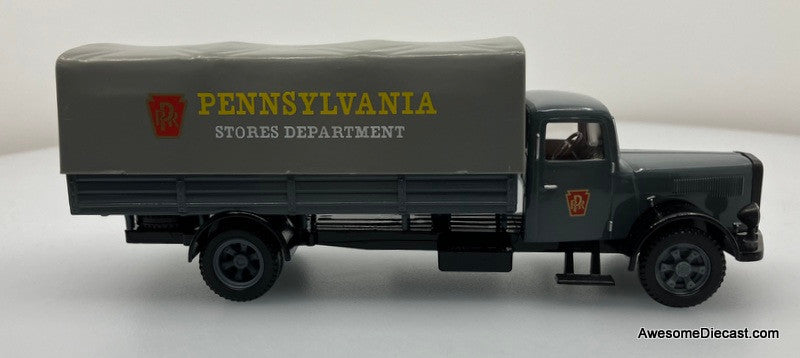 White Delivery Truck w/Canvas Back: Pennsylvania Rail Road Company (P.R.R.), Gray 1:50 Diecast Model Truck by Corgi