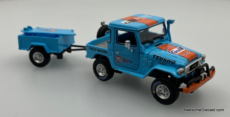 Toyota Land Cruiser FJ40 Pick-Up w/Trailer Gulf Livery 1:64 Diecast Model Car by Rhino Model